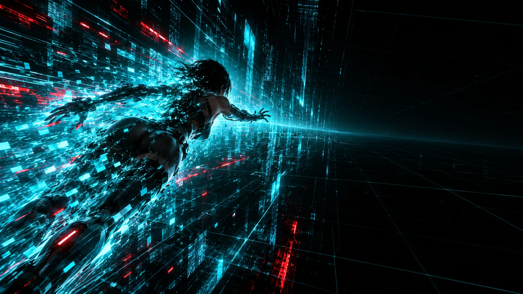 Una netrunner se disuelve en corrientes de datos cian